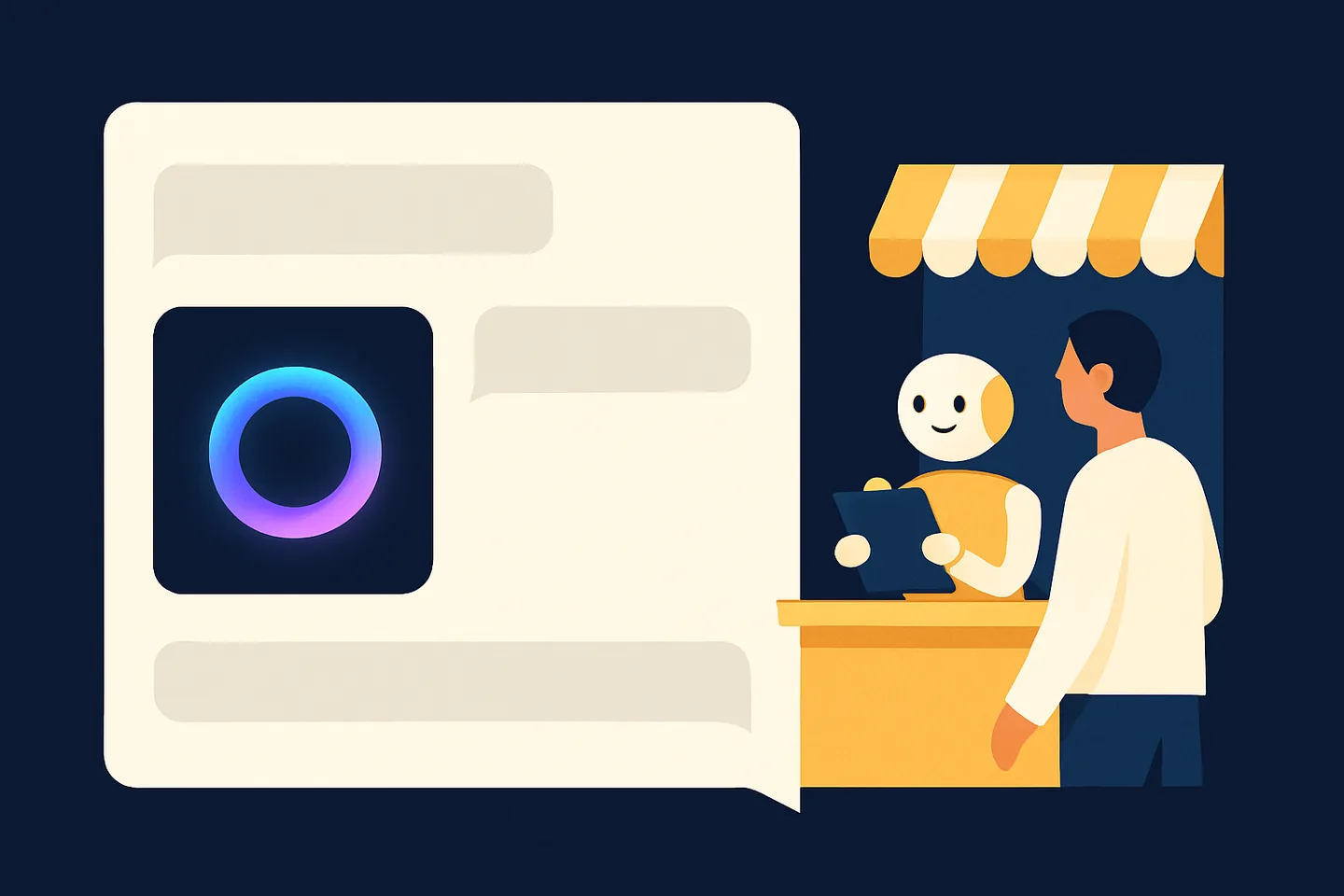 Illustration of a chat window with a glowing assistant ring beside a shop counter with its own small robot helper
