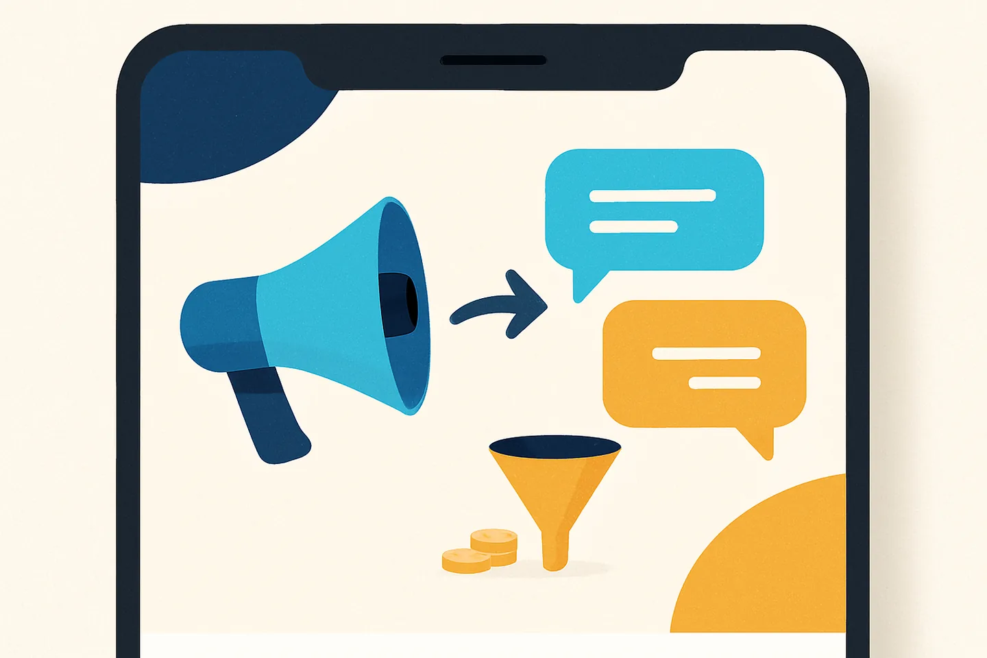 Illustration of a phone showing a sponsored story card with an arrow leading into a chat conversation and a small funnel