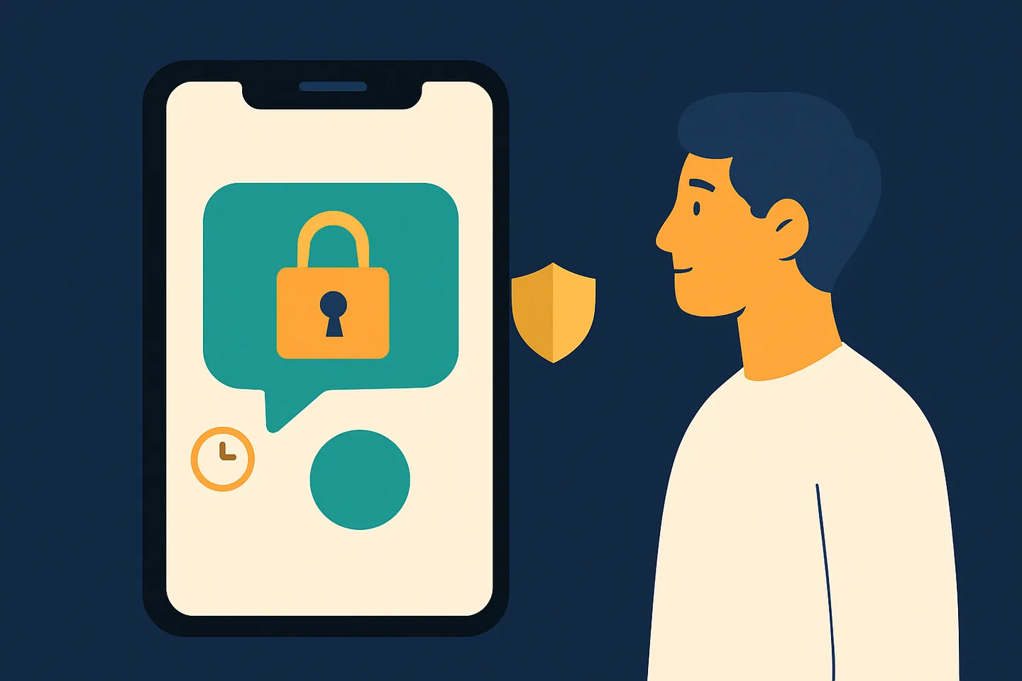 Ilustração de um celular com a tela de conversas bloqueada, um relógio e um escudo