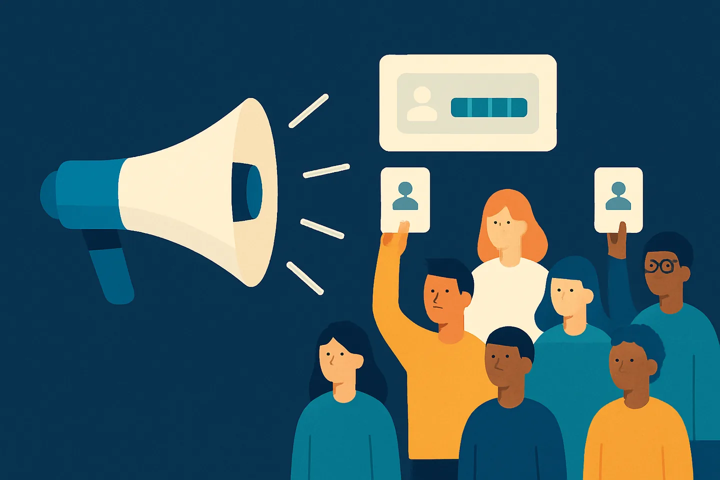 Ilustração de um megafone alcançando uma multidão em que só algumas pessoas seguram um cartão de contato