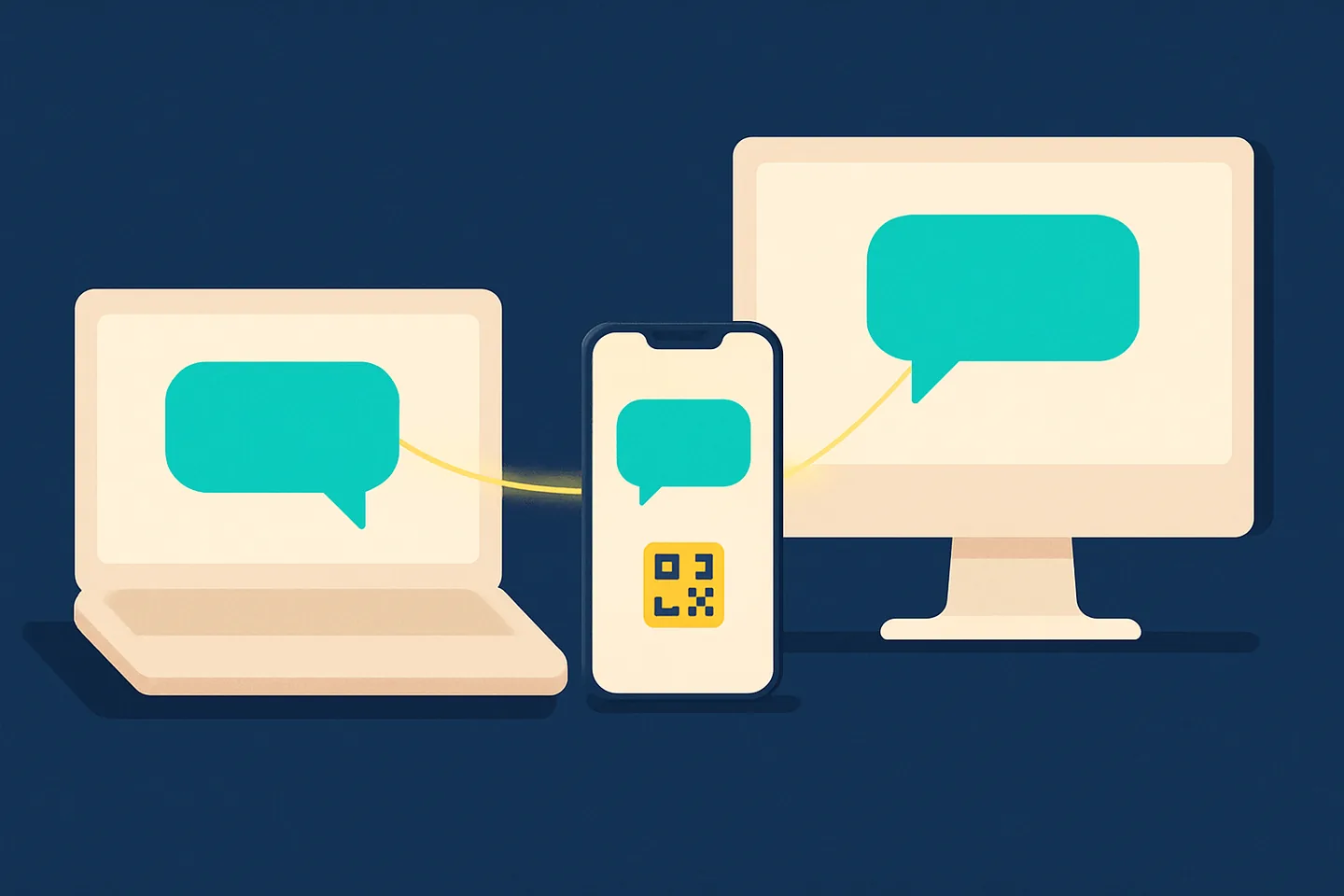Illustration of a laptop and a desktop monitor both showing chat bubbles, linked by a line to one phone