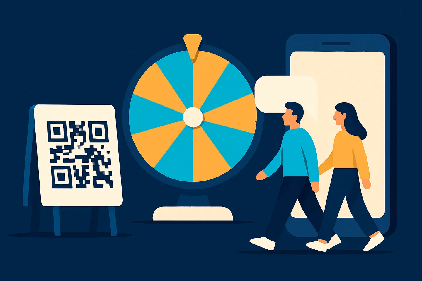Ilustração de uma placa com QR code, uma roleta de prêmios e clientes começando uma conversa