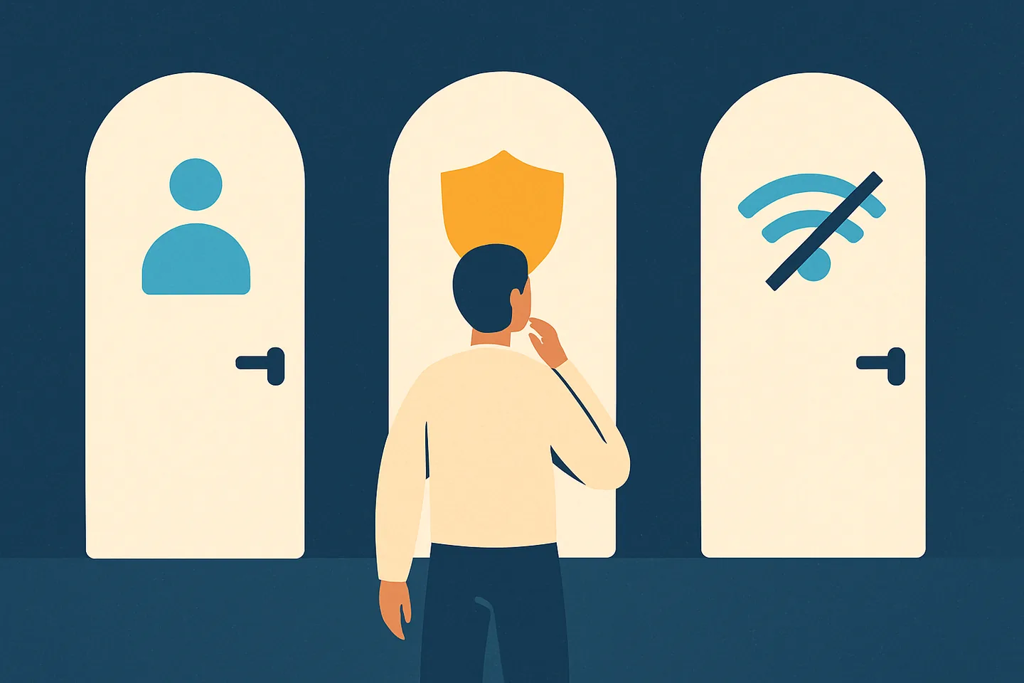 Ilustração de três portas marcadas com uma pessoa, um escudo e um símbolo de Wi-Fi cortado