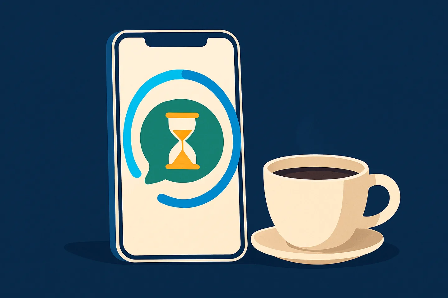 Ilustração de um celular com uma contagem regressiva na tela, uma ampulheta e um sinal de alerta