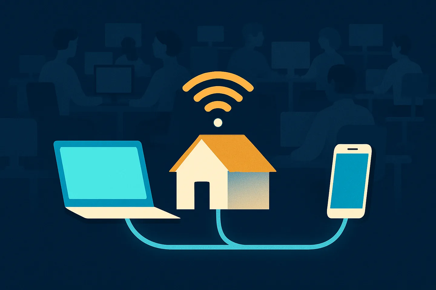 Ilustração de um notebook e um celular conectados ao Wi-Fi de casa, com uma rede de escritório lotada apagada ao fundo